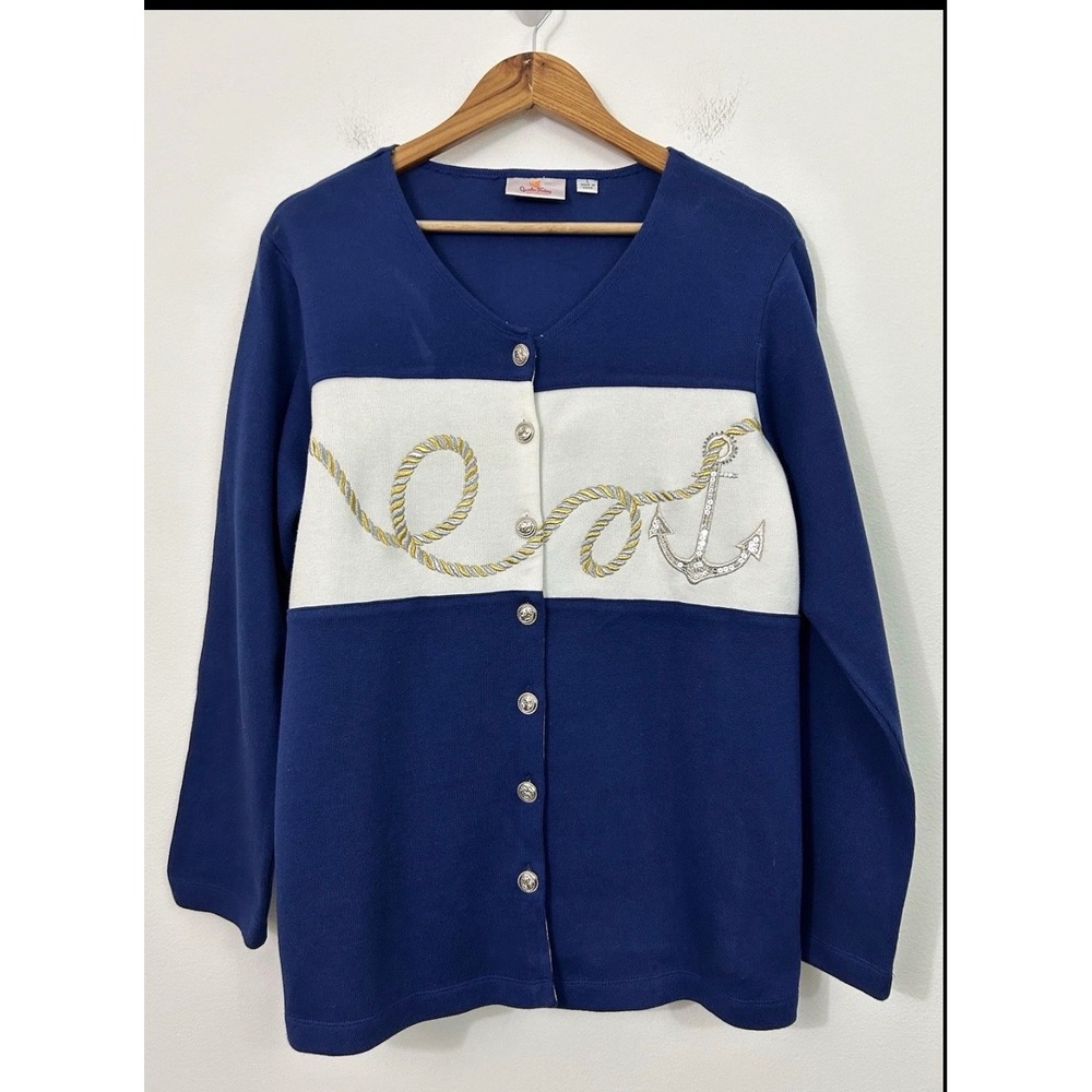 Quacker Factory Womens L Navy Blue Nautical Anchor Rope Button Front Cardigan